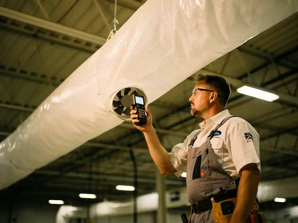 HVAC-technicus meet luchtstroom van witte textielkanaal met digitale anemometer in industriële ruimte