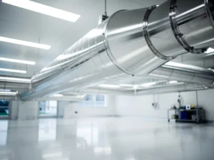 Roestvrij stalen luchtkanaal met naadloze verbindingen in moderne cleanroom faciliteit met LED-verlichting