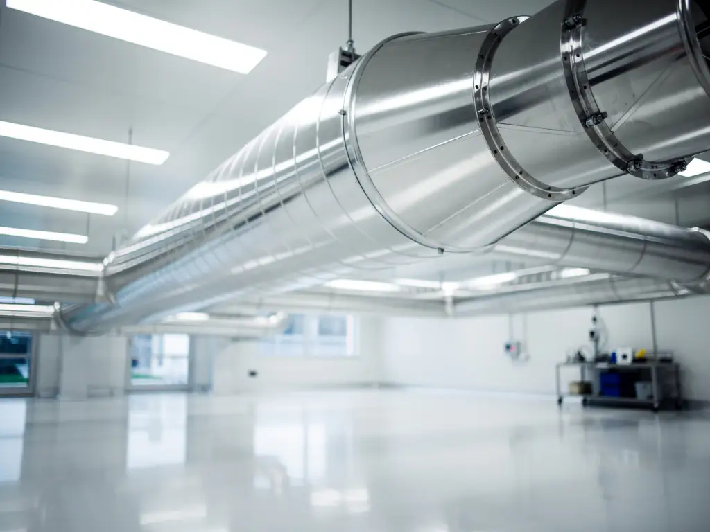 Roestvrij stalen luchtkanaal met naadloze verbindingen in moderne cleanroom faciliteit met LED-verlichting