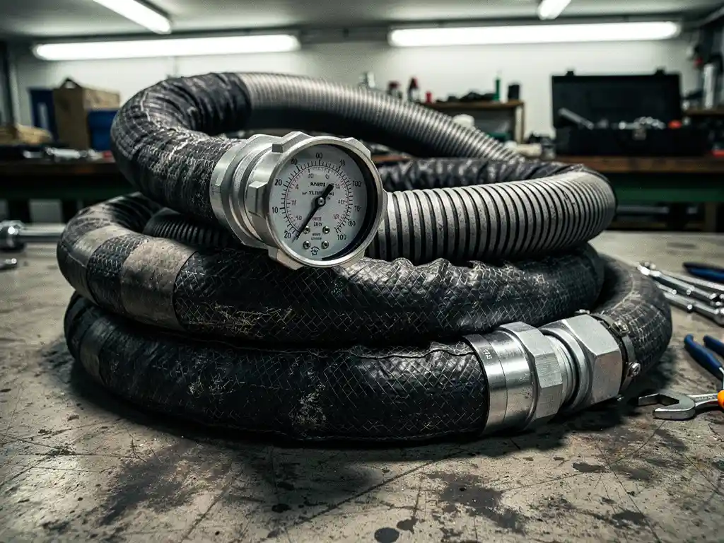 Zware industriële luchtslang met drukmeter op werkplaatsvloer, metalen koppelingen en gevlochten textuur zichtbaar
