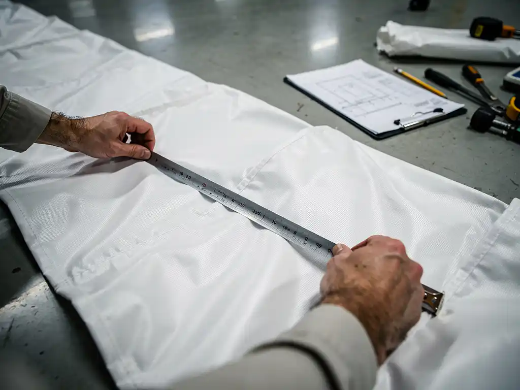 Aannemer meet industriële luchtsok met meetlint op betonnen magazijnvloer, gereedschap en technische tekeningen nabij