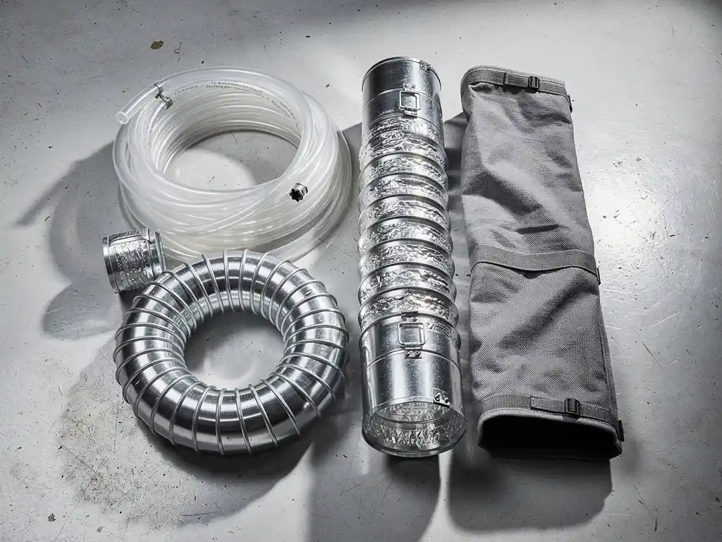 Industriële luchtverdeelslangen van PVC, aluminium en textiel gerangschikt op betonnen werkplaatsvloer