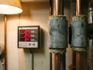 Industriële leidingsisolatie met trillingsdempende mouwen rond koperen buizen, energiemeter toont dalende verbruikswaarden