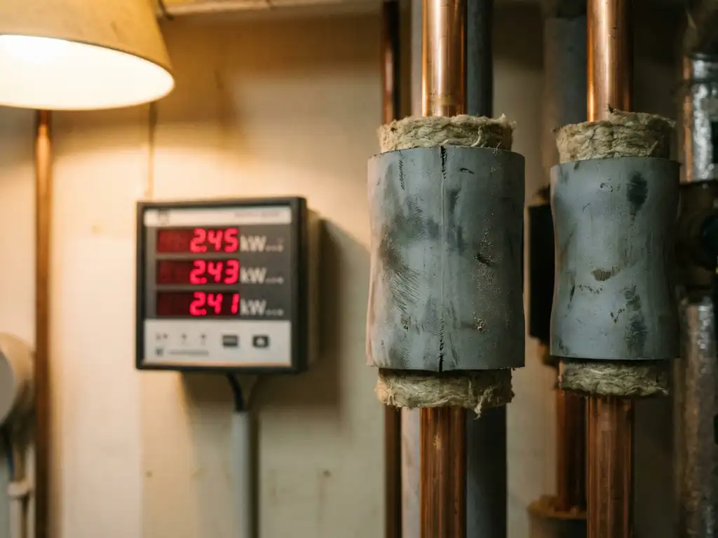 Industriële leidingsisolatie met trillingsdempende mouwen rond koperen buizen, energiemeter toont dalende verbruikswaarden