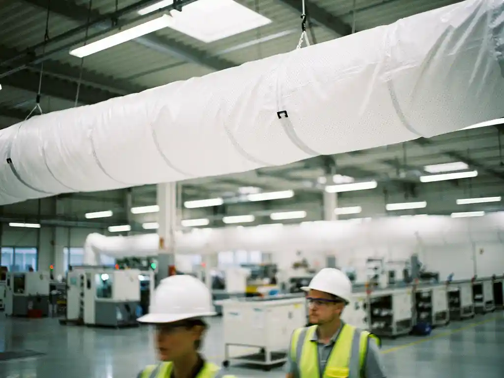 Witte textiel luchtkanaal opgehangen aan plafond van fabriek met werknemers in veiligheidskleding op de achtergrond