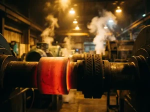 Industriële trillingsdemper met warmtesignatuur op machineonderdeel in fabriek met stoom en dramatische verlichting