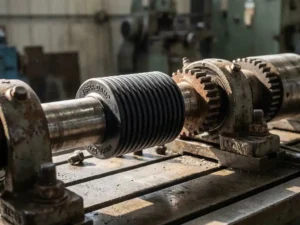 Industriële trillingsdemper op metalen as naast versleten machineonderdelen op werkbank in fabriek