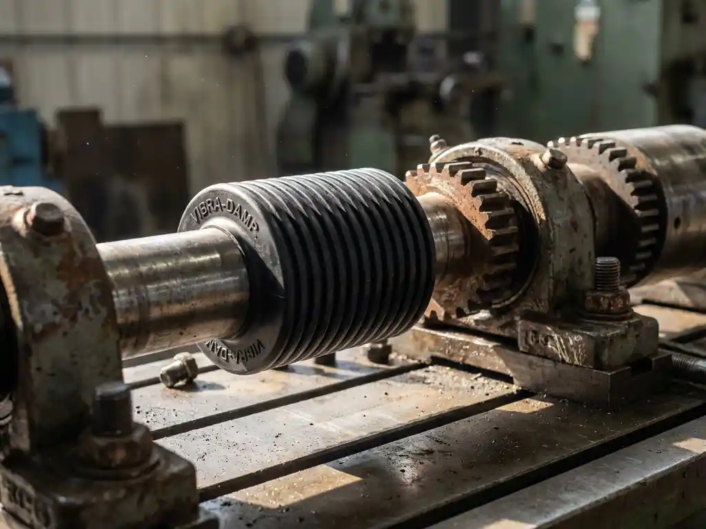 Industriële trillingsdemper op metalen as naast versleten machineonderdelen op werkbank in fabriek