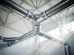 Moderne industriële ventilatiesysteem met metalen luchtkanalen aan fabrieksplafond, verlicht door LED-verlichting