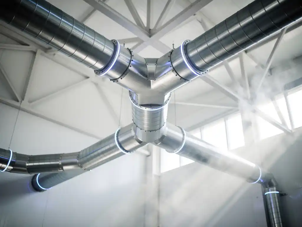 Moderne industriële ventilatiesysteem met metalen luchtkanalen aan fabrieksplafond, verlicht door LED-verlichting