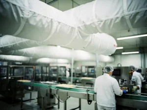 Moderne voedselverwerkingsfabriek met witte textielluchtkanalen aan plafond en werknemers bij roestvrijstalen apparatuur