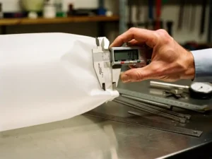 Ingenieur meet opgeblazen witte airsock met digitale schuifmaat op werkbank met meetinstrumenten