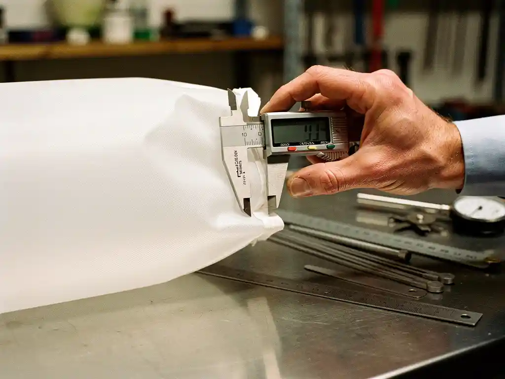 Ingenieur meet opgeblazen witte airsock met digitale schuifmaat op werkbank met meetinstrumenten