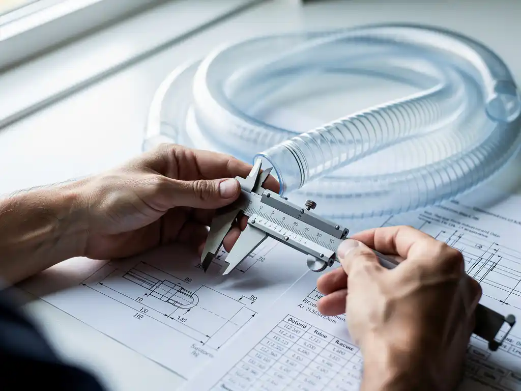 Ingenieur meet diameter van transparante luchtverdeelslang met precisie schuifmaat op bureau met technische tekeningen