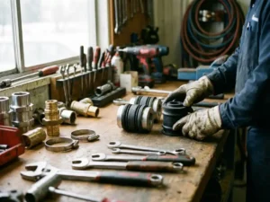Technikerhand arrangeert installatietools op werkbank, met vibratiereducerende mouwen en rubberen koppelingen centraal