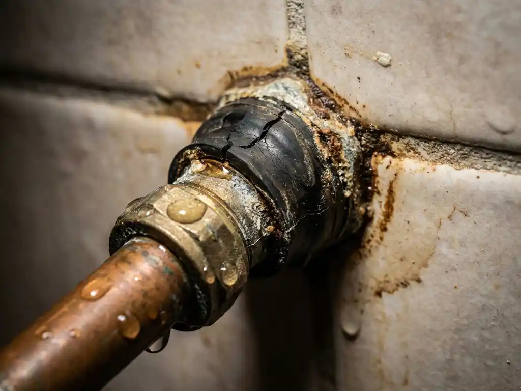 Leidingverbinding met waterlek en schade aan rubberen manchet, met mineraalafzettingen en verkleuring op tegelmuur