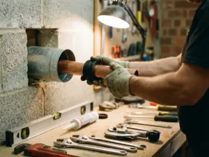 Plumber installs copper pipe with rubber seal through concrete wall, tools visible on workbench