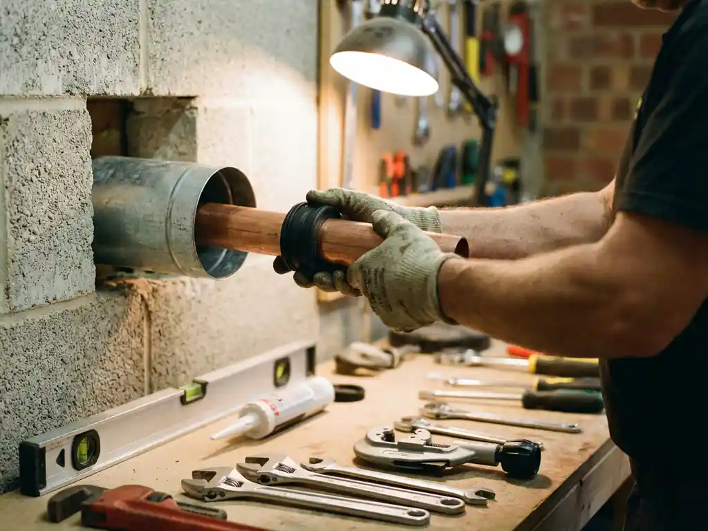 Loodgieter installeert koperen pijp met rubberen afdichting door betonnen muur, gereedschap op werkbank zichtbaar