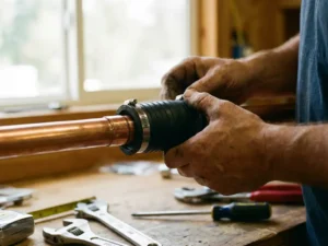 Plumber installs rubber coupling on copper pipe connection with tools on workbench