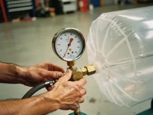 Professionele luchtcompressor manometer toont drukwaarden terwijl handen de apparatuur afstellen in industriële werkplaats