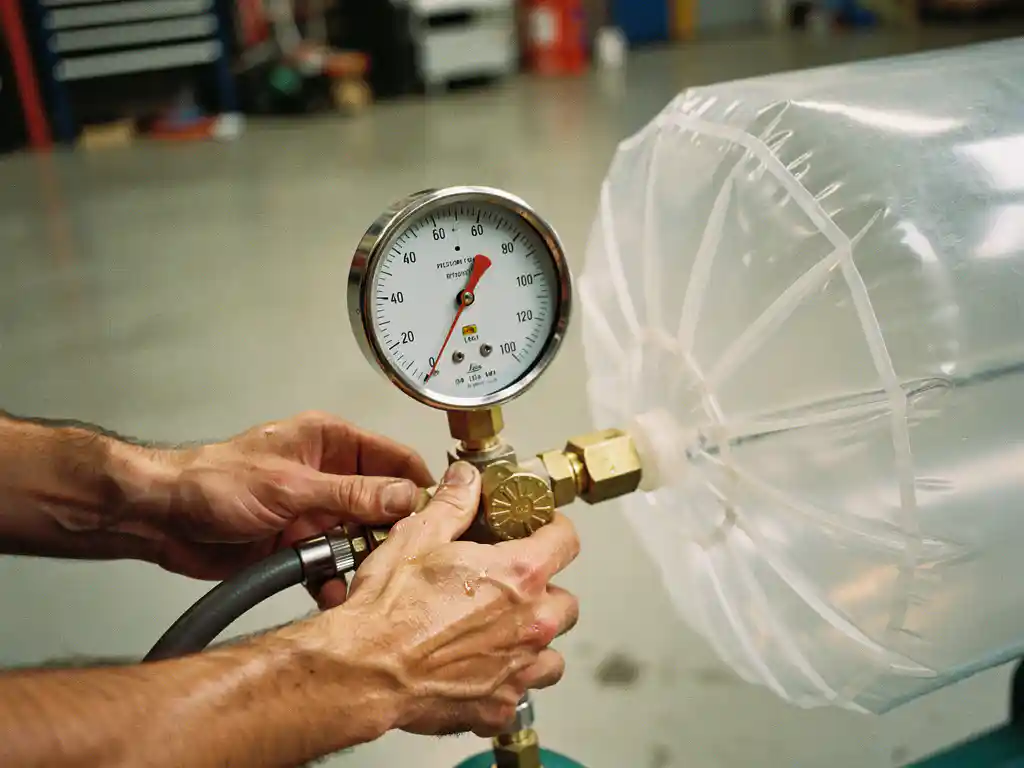 Professionele luchtcompressor manometer toont drukwaarden terwijl handen de apparatuur afstellen in industriële werkplaats