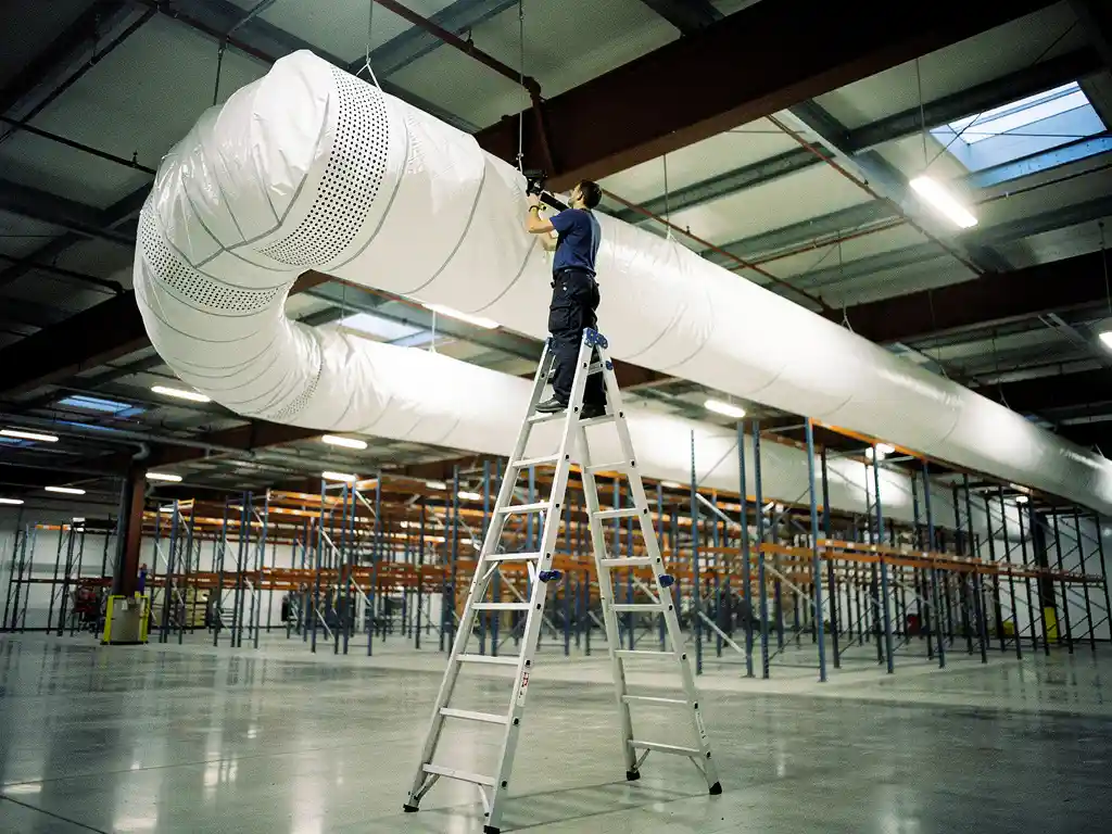 Magazijnmedewerker installeert witte textiele luchtkanaal vanaf ladder in industriële opslagfaciliteit