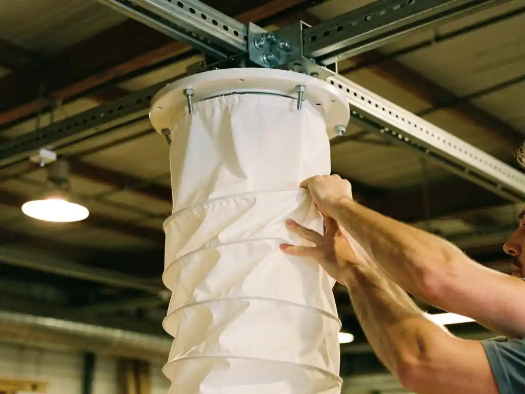 Persoon installeert witte textiele luchtkanaal aan plafondmontage in industriële werkplaats met zichtbare balken