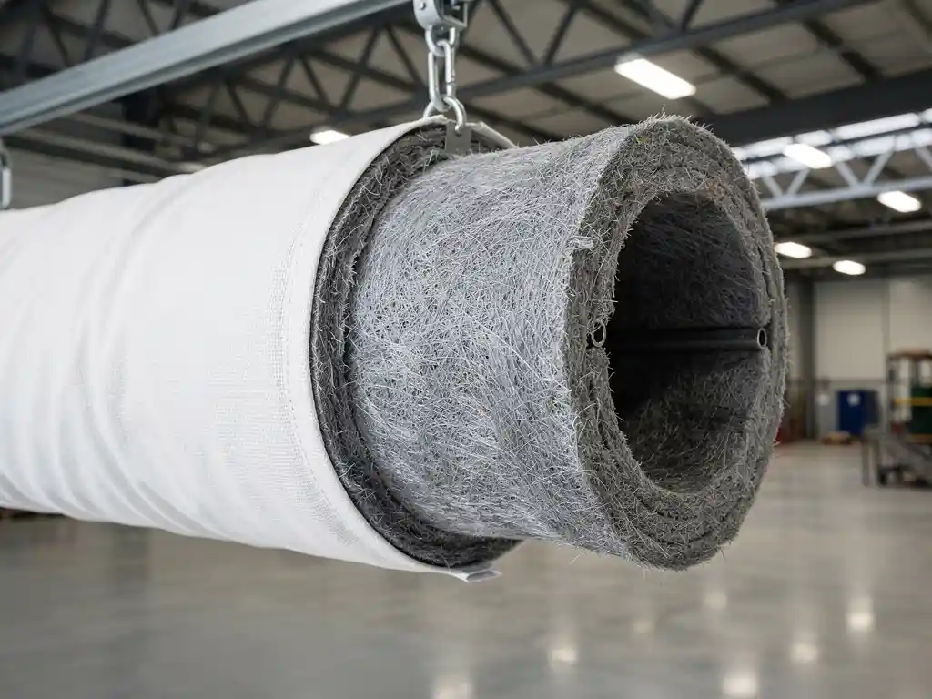 Doorsnede van moderne luchtsok ventilatiekanaal met grijze isolatie in industriële loods met betonvloer