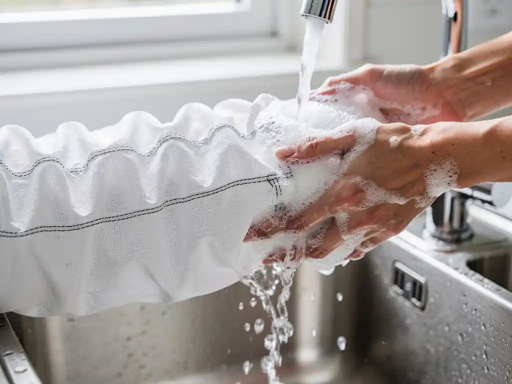 Handen wassen witte luchtkanaal sok onder stromend water in roestvrijstalen gootsteen met zeepschuim