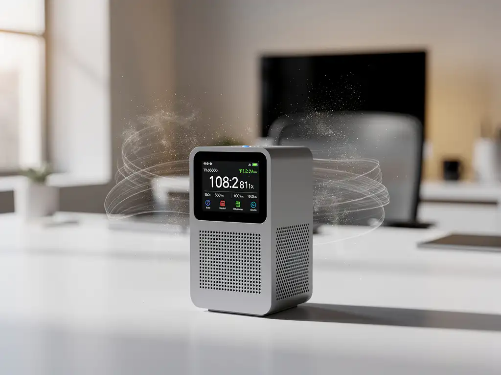 Moderne luchtkwaliteitssensor met digitaal display op wit bureau toont metingen, zichtbare luchtdeeltjes in kantooromgeving