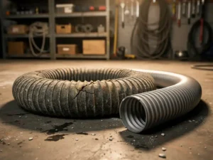 Versleten luchtslang met scheurtjes naast nieuwe slang op betonnen werkplaatsvloer in industriële werkplaats