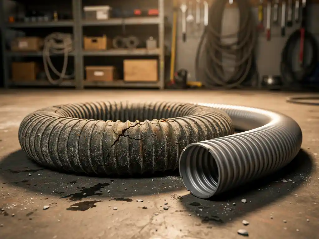 Versleten luchtslang met scheurtjes naast nieuwe slang op betonnen werkplaatsvloer in industriële werkplaats