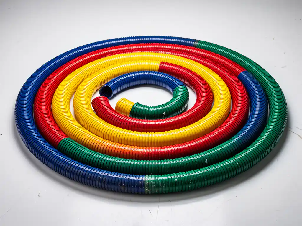 Kleurrijke luchtverdeelslangen in spiraalpatroon op witte industriële ondergrond, blauw rood geel en groen flexibele buizen