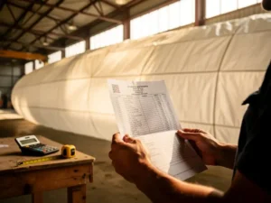 Aannemer houdt kostenraming vast voor witte luchtkanaal ventilatiesysteem in industriële hal met gereedschap op werkbank