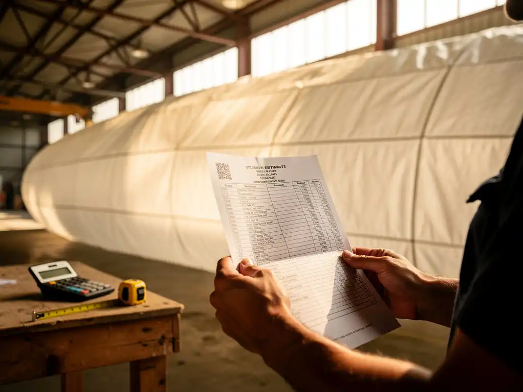 Aannemer houdt kostenraming vast voor witte luchtkanaal ventilatiesysteem in industriële hal met gereedschap op werkbank