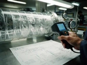Ingenieur meet luchtstroom in transparante ventilatiebuis met digitale flowmeter, technische tekeningen en drukmeters zichtbaar