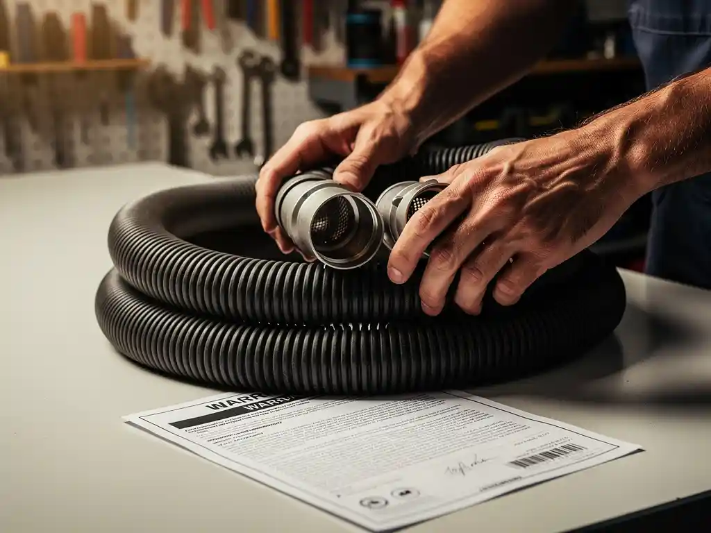Technicus onderzoekt professionele luchtverdeelslang met garantiecertificaat op werkbank in georganiseerde werkplaats
