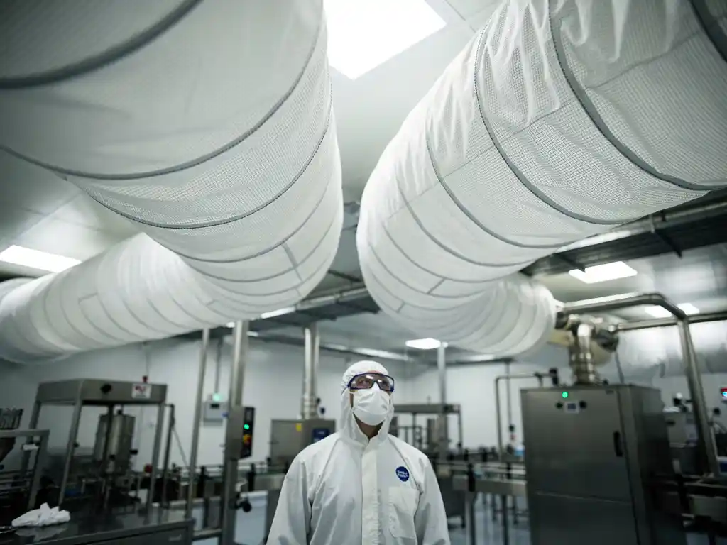 Farmaceutische productieruimte met witte luchtfiltersokken aan plafond, technicus in beschermende kleding inspecteert systeem