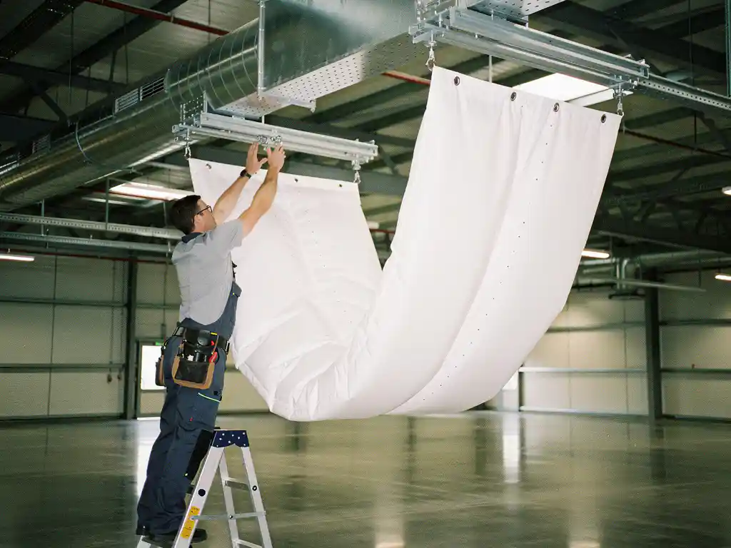 Technicus installeert witte luchtsok aan industriële plafondkanalen in moderne magazijnruimte