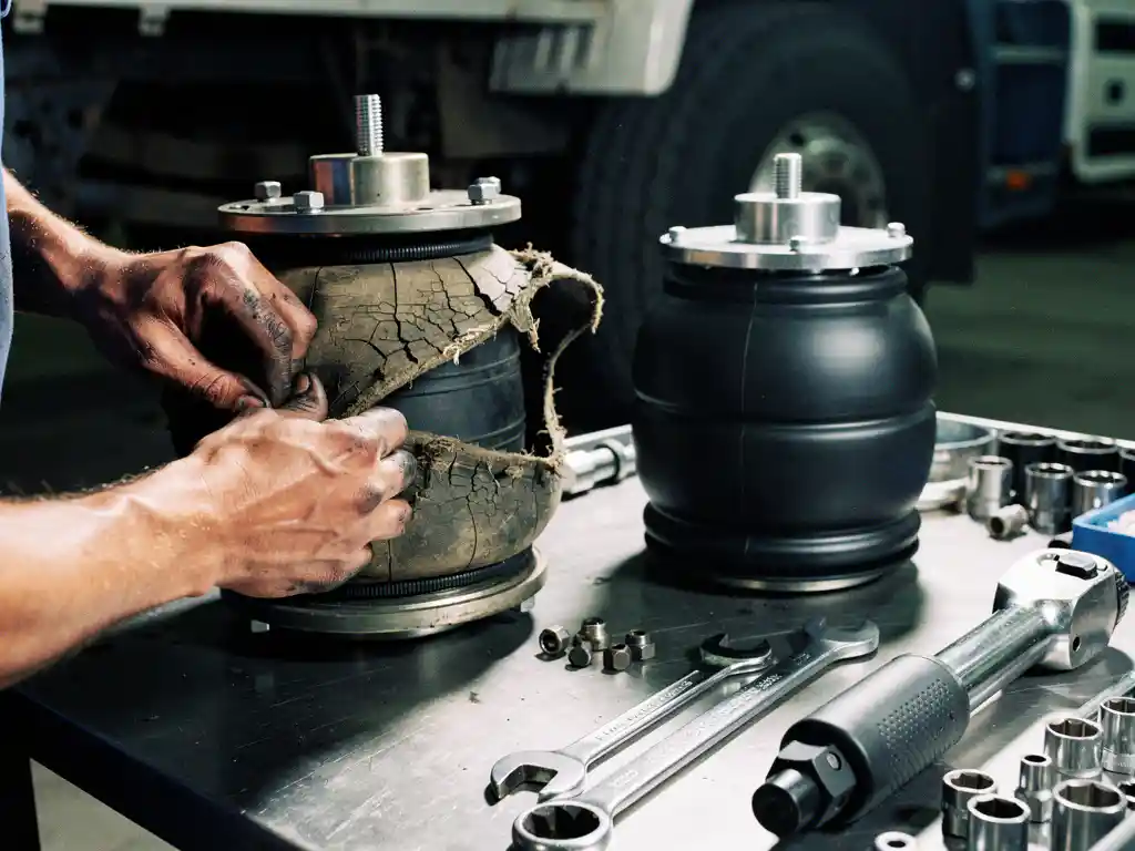 Handen vervangen beschadigde airsock van vrachtwagen luchtvering, nieuwe onderdelen op werkbank in garage