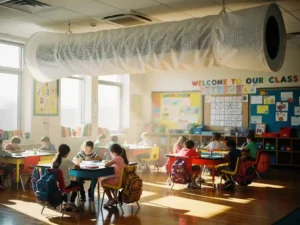Witte luchtfiltersok hangt aan plafondventilatie in moderne basisschoolklas met kinderen aan kleurrijke tafels