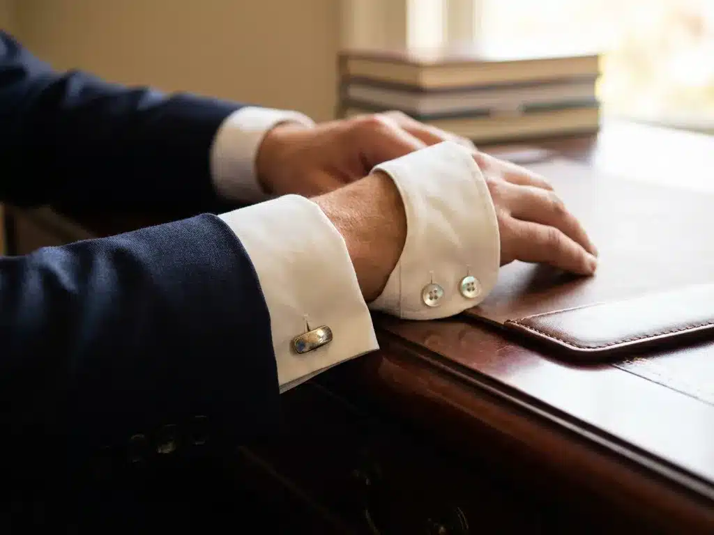 Elegante manchetten van marineblauw pak met zilveren manchetknopen en parelmoeren knopen op mahoniehout bureau