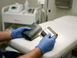 Professionele handen houden rubber en metalen medische manchetten boven onderzoektafel in klinische setting
