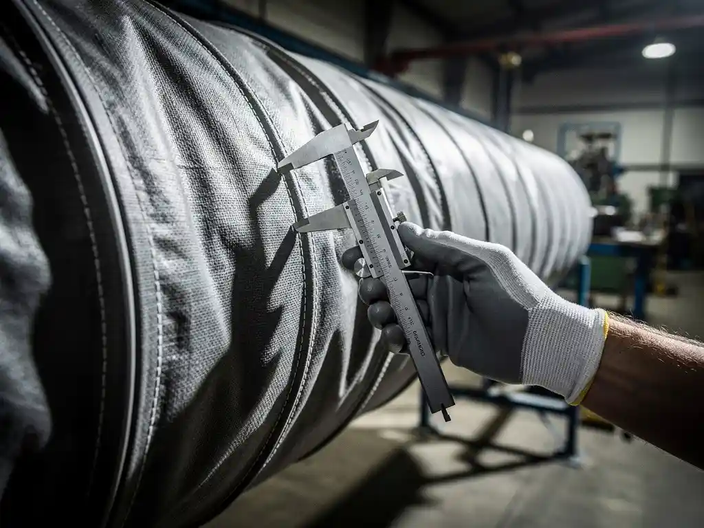 Ingenieur meet industriële luchtslang met precisie schuifmaat in werkplaats met dramatische belichting