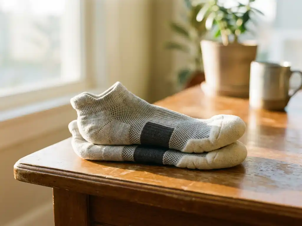 Moderne airsocks met ademende stof en mesh patronen op houten oppervlak, zachte natuurlijke belichting