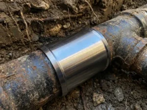 Ondergrondse pijpverbinding met glanzende metalen beschermhuls rond koppelpunt in aarde, contrast tussen nieuw en verouderd materiaal