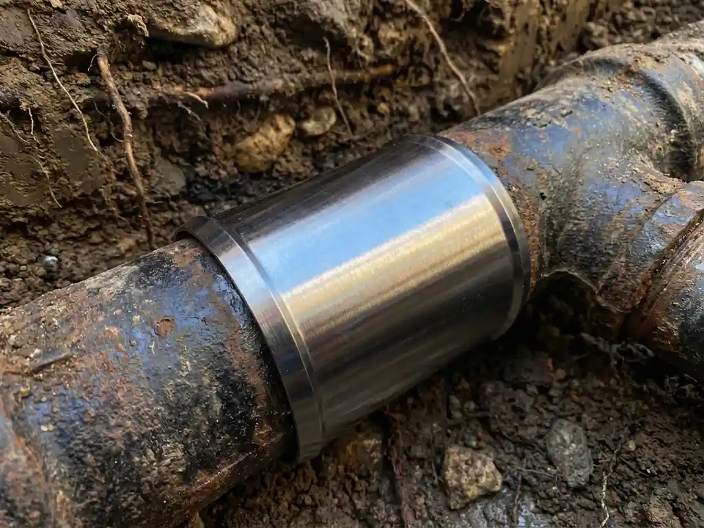 Ondergrondse pijpverbinding met glanzende metalen beschermhuls rond koppelpunt in aarde, contrast tussen nieuw en verouderd materiaal