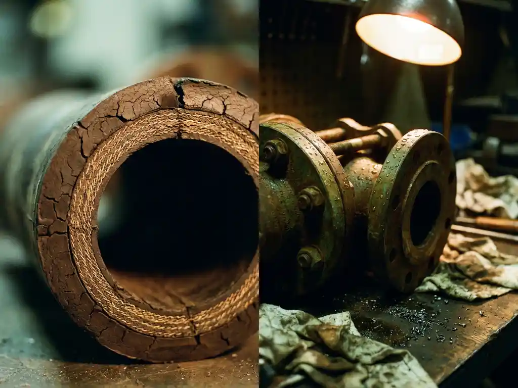 Doorsnede van verweerde industriële pijpafdichtingen met corrosie en waterdruppels in werkplaatsverlichting