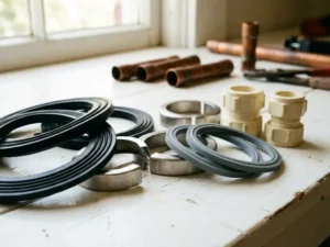 Verschillende pijpkragen van rubber, staal en silicone gerangschikt op witte werkbank met koperen buizen op achtergrond