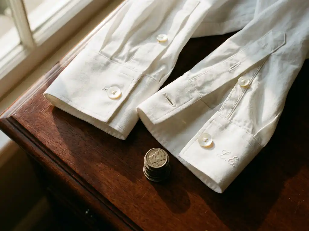 Luxe overhemdmanchetten met parelmoeren knopen en verstevigde stiksels op mahonie bureau met natuurlijk licht